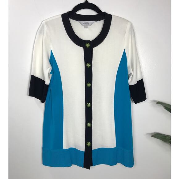 Misook Small Sweater Colorblock Blue White Shoulder Pads Everyday Simple Artsy - Picture 1 of 9